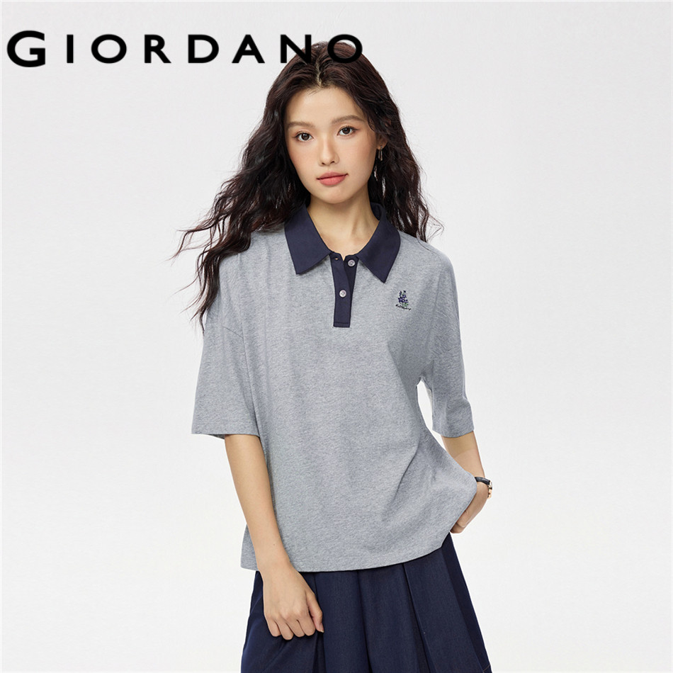 GIORDANO WOMEN Embroidery contrasting short sleeve polo shirt 13315651