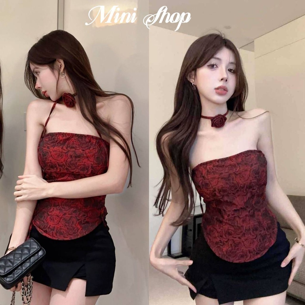 Mini shop🌸พร้อมส่ง🌸(FY2692) เสื้อเกาะอก ลายมัดย้อมดำแดง โชคเกอร์ดอกกุหลาบ ไม่มีฟองน้ำ ทรงรัดตัว ยืดกำลังดี