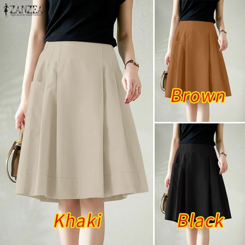 ZANZEA กระโปรงสไตล์เกาหลีสำนักงาน ดีไซน์พับปักที่เอว A-Line Hem — صورة 3