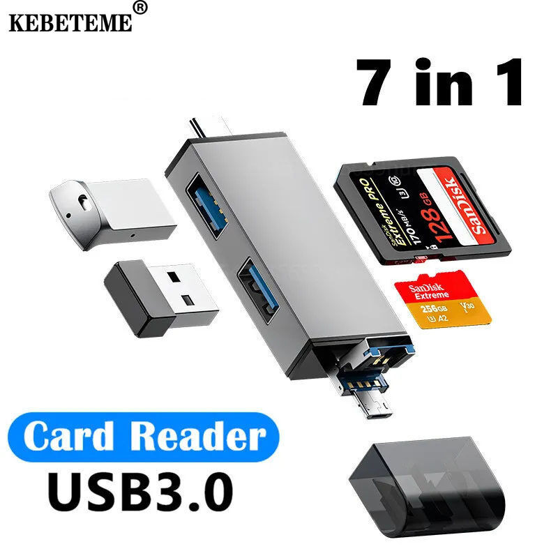 KEBETEME 7 In 1 Card Reader USB 3.0 SD TF Card C OTG Adapter สําหรับ PC แล็ปท็อปอุปกรณ์เสริม Multi C