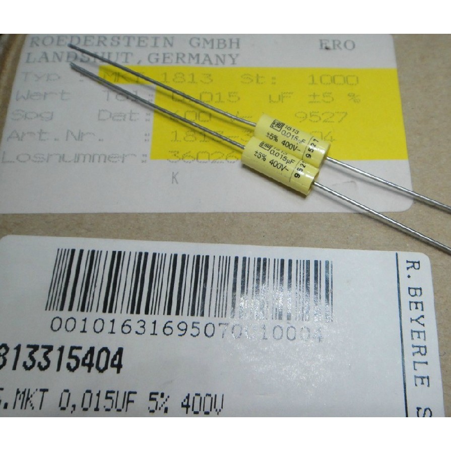 ผลิตในประเทศเยอรมนี ERO MKT1813 Axial แนวนอนตัวเก็บประจุฟิล์ม 0.015 uf, 15nf, 153/400V