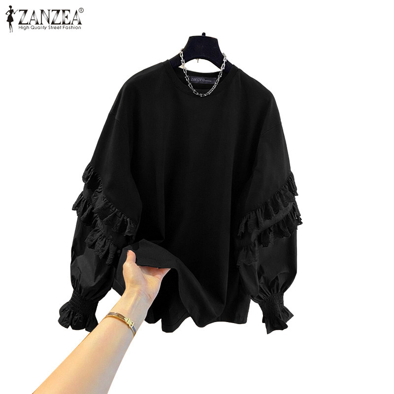 ZANZEA ซานเซีย ผู้หญิงแฟชั่นเกาหลีลําลองรอบคอแขนยาวหลวมถักลูกไม้เย็บเสื้อ