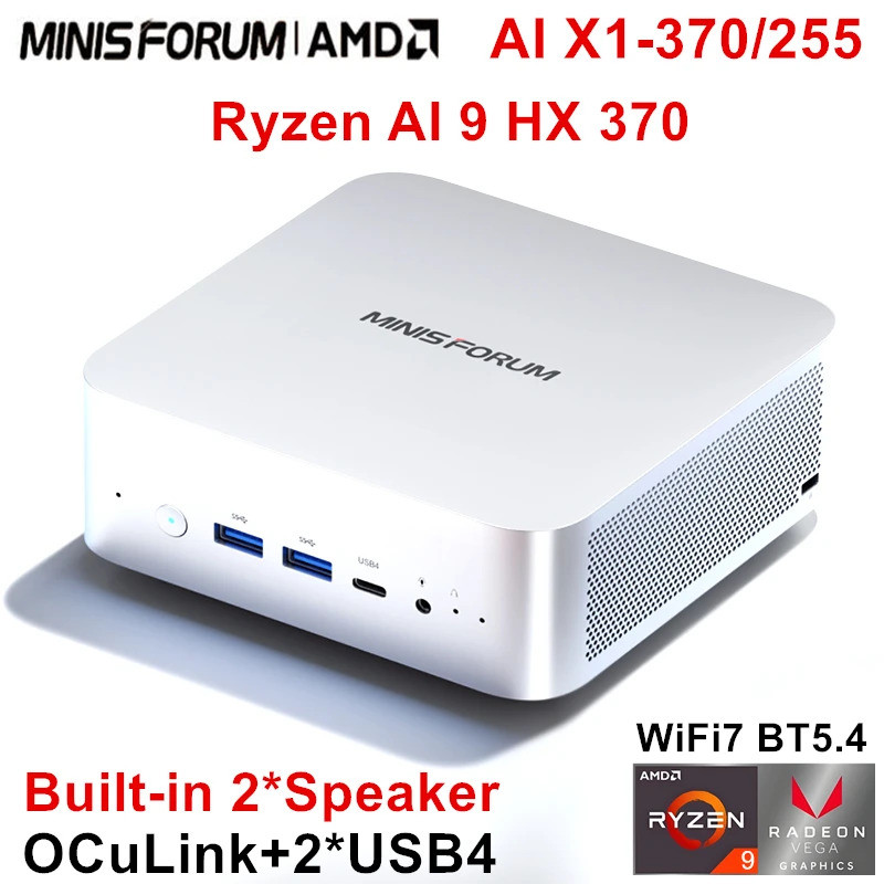 MINISFORUM AI X1 370 255 Mini PC AMD Ryzen AI 9 HX 370 R7 255 OCuLink 2 * USB4 ลําโพงคู่ในตัว Gaming
