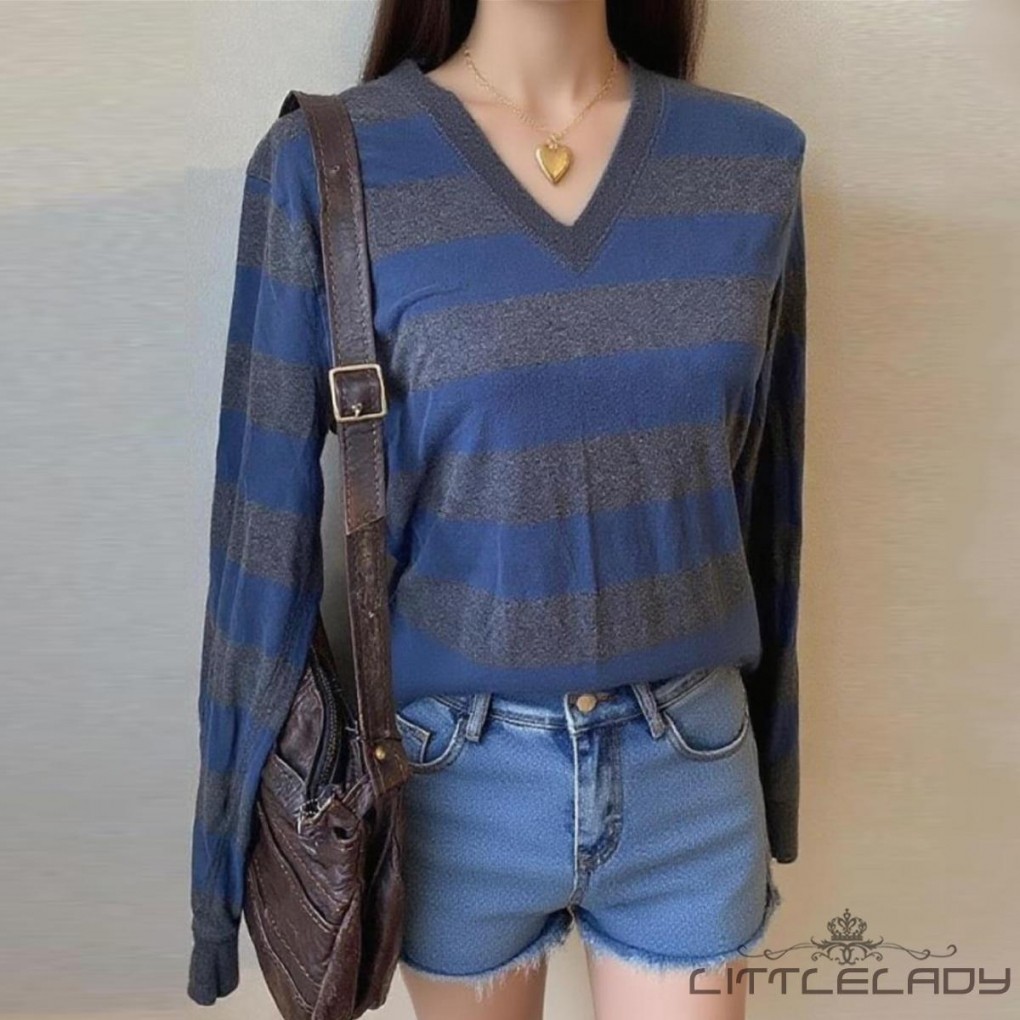 LTL-Womens แขนยาวสีน้ําเงินเข้มสีเทาลาย V คอ Casual Fall เสื้อยืด