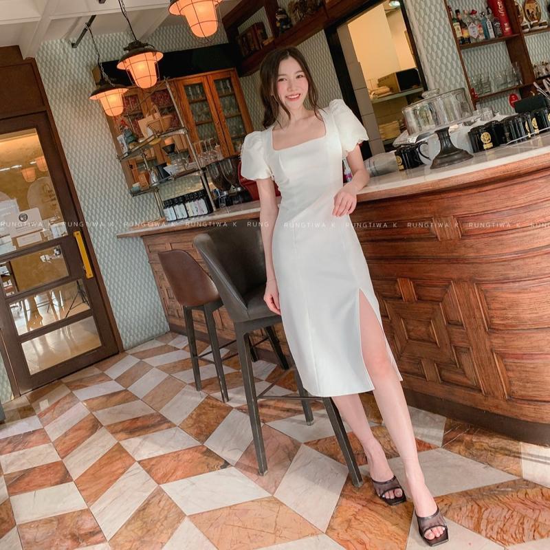 'Rivalry Dress ' -  เดรสผ่าหน้าแขนบอลลูน เดรสคอเหลี่ยม ชุดออกงาน ชุดไปงานเเต่ง เดรสทำงาน RTW.K ผู้หญ