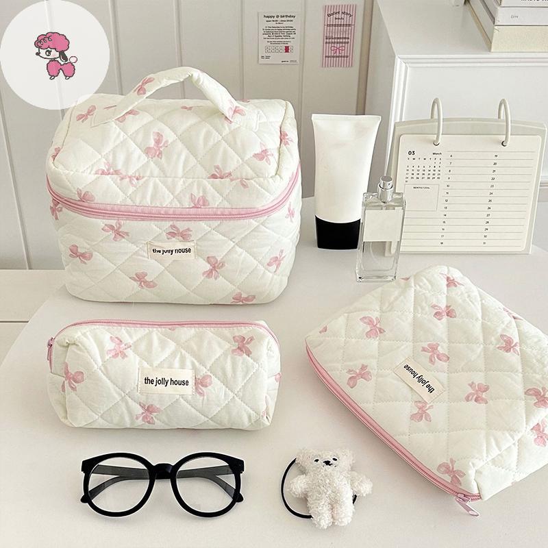 GRL S/M/L น่ารักโบว์แต่งหน้ากระเป๋าผู้หญิงกระเป๋าเครื่องสําอางขนาดใหญ่ผู้ถือเครื่องสําอางแบบพกพากระเ