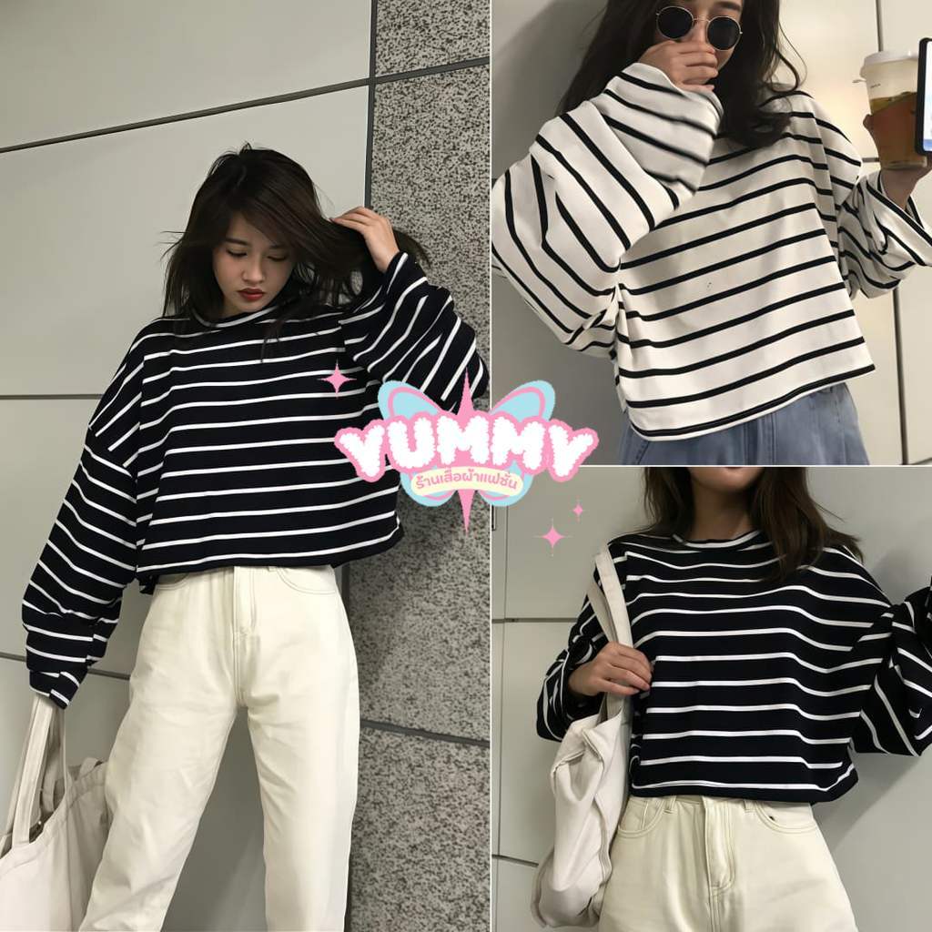 🎀Yummy Shop🎀㈩ เสื้อครอปแขนยาวคาวาอี้ คอกลม ดีเทลลายทางสีขาวดำเรียบๆ เรียบง่าย' FY6969