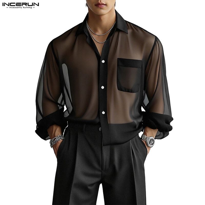 INCERUN ผู้ชายเกาหลีแฟชั่น Turn-Down-Collar ดูผ่านการออกแบบเสื้อแขนยาวบาง – โปรปัง