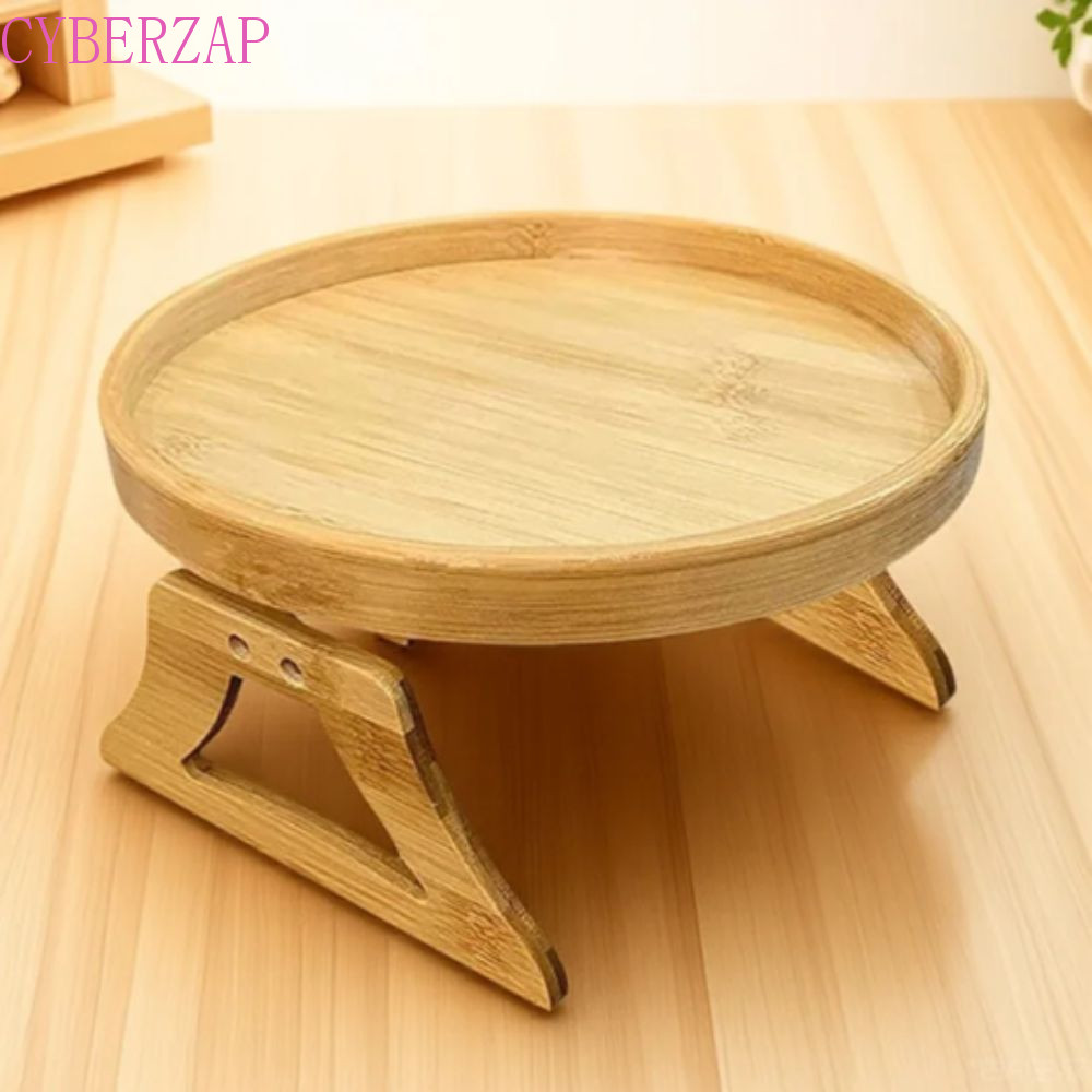 CYBERZAP Snack Tray, Bamboo-Wood Color Sofa Tray, Practical Circular Portable Natural Wooden Armrest