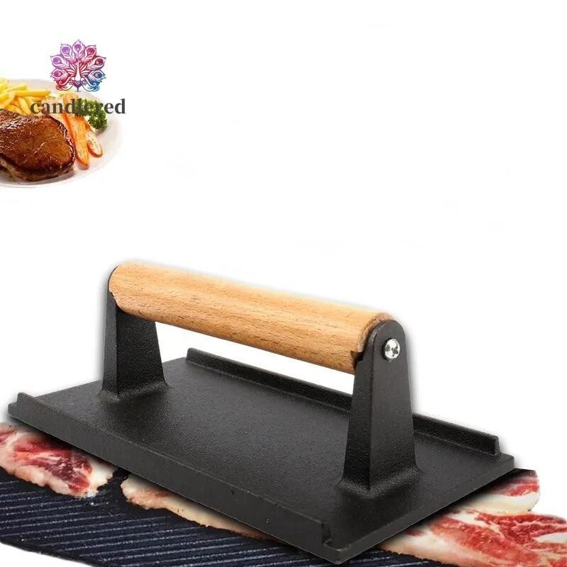 Bacon Grill Meat Kitchen Heavy Cast Flat Iron Steak Weight With Wooden Handle candlered