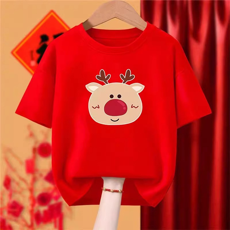 Merry Christmas Kids T Shirt Red Green Reindeer Santa Print Festive Holiday Short Sleeve Top Gift