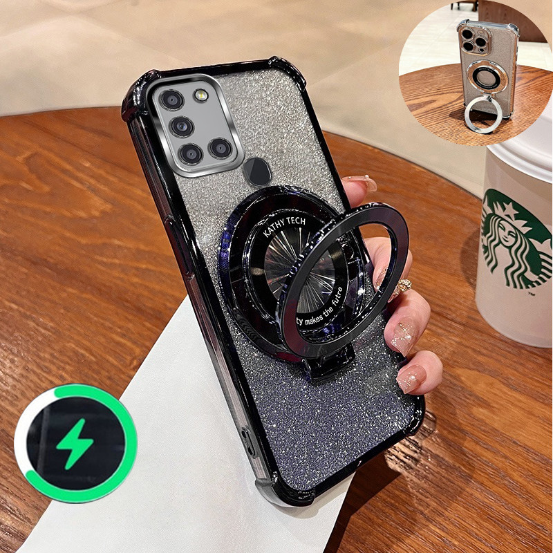 เหมาะสําหรับ Samsung A21S A31 A20S เคสโทรศัพท์สี่มุม anti drop CD วงเล็บแม่เหล็กแฟลชแป้งโปร่งใส soft shell dual-ใช้ 023