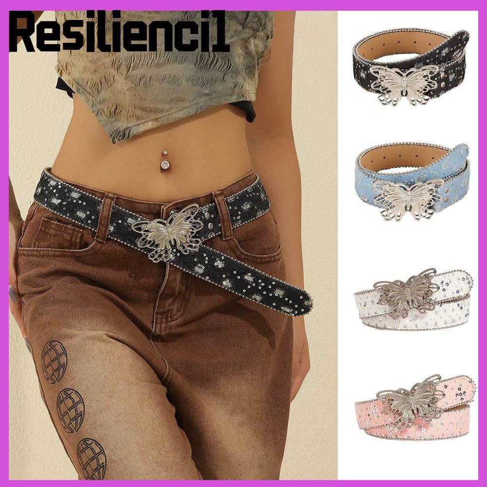 RESILIENCI1 Hip Hop Punk Belt, Sequins Denim Retro Fashion Belt, Alloy Patchwork Y2K Wide Edge เข็มข