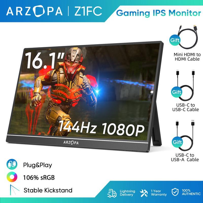 ARZOPA Z1FC จอภาพสําหรับเล่นเกมแบบพกพา, 144Hz, หน้าจอ 16.1 นิ้ว, US-C HDMI, เข้ากันได้กับ iPad, PC, 