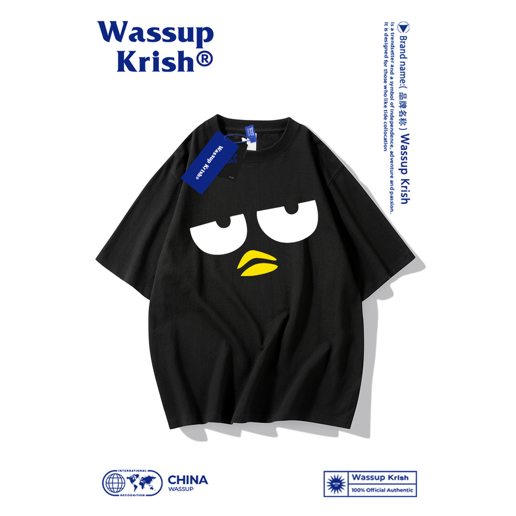 Wassup Krish Summer Street Wear เสื้อยืดแขนสั้นผู้ชาย พิมพ์ลาย สีทึบ ทรงหลวม ทำจากฝ้ายบริสุทธิ์
