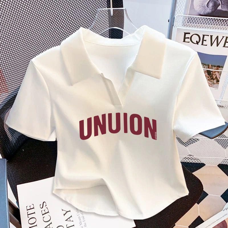 ผ้าฝ้ายสีขาวโปโลปกสลิมฟิตเกลียวแขนสั้นเสื้อยืดผู้หญิงฤดูร้อนสไตล์ฝรั่งเศสคอวีสั้นทุกการแข่งขันด้านบน e