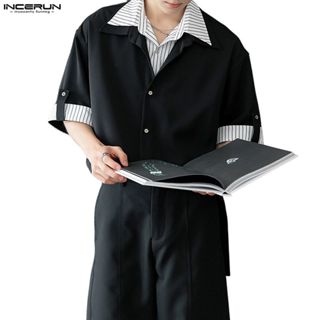 แฟชั่นผู้ชาย สองชิ้น ออกแบบลายตัดกัน เสื้อแขนสั้น