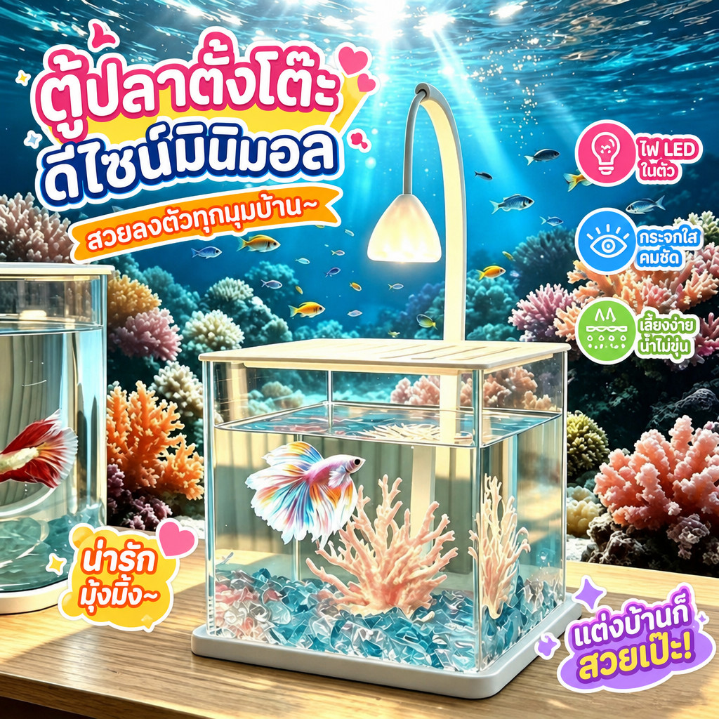ตู้ปลาตั้งโต๊ะขนาดเล็ก วัสดุอะคริลิก เลี้ยงปลากัดได้ ชุดครบพร้อมไฟ LED ตกแต่งห้องนั่งเล่นในบ้าน
