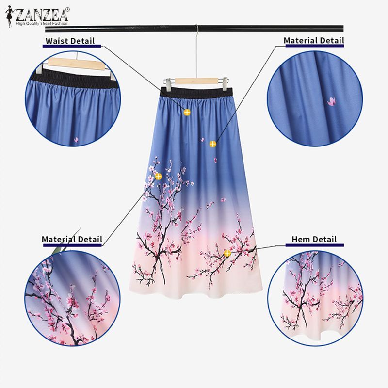 Zanzea ผู้หญิงเกาหลีลําลองดอกไม้ดอกพลัมจีบเอวยางยืดไล่โทนสีกระโปรง Midi เส้น — صورة 7