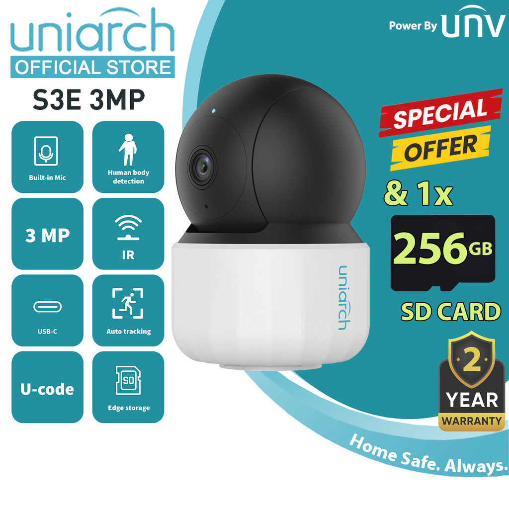 Uniarch S3E 3MP H.265 เสียงสองทางในร่มความปลอดภัยกล้องวงจรปิดกล้อง HD การตรวจจับมนุษย์ + 256GB SDCAR