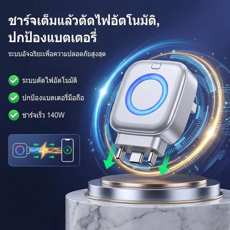 🇹🇭ส่งจากไทย🇹🇭 อะแดปเตอร์ชาร์จเร็ว Type-C 140W สมาร์ทตัดไฟอัตโนมัติเมื่อแบตเต็ม มีระบบป้องกันกระแสไฟเกิน รองรับ iPhone แอนดรอยด์ แล็ปท็อป