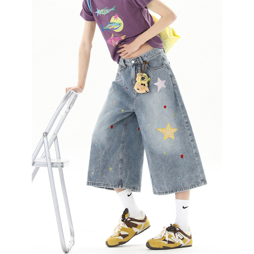 jinn jeans กางเกงยีนส์ขายาว Dopamine Star Patch Design DENIM Cropped กางเกงผู้หญิงฤดูร้อนสไตล์ใหม่หล