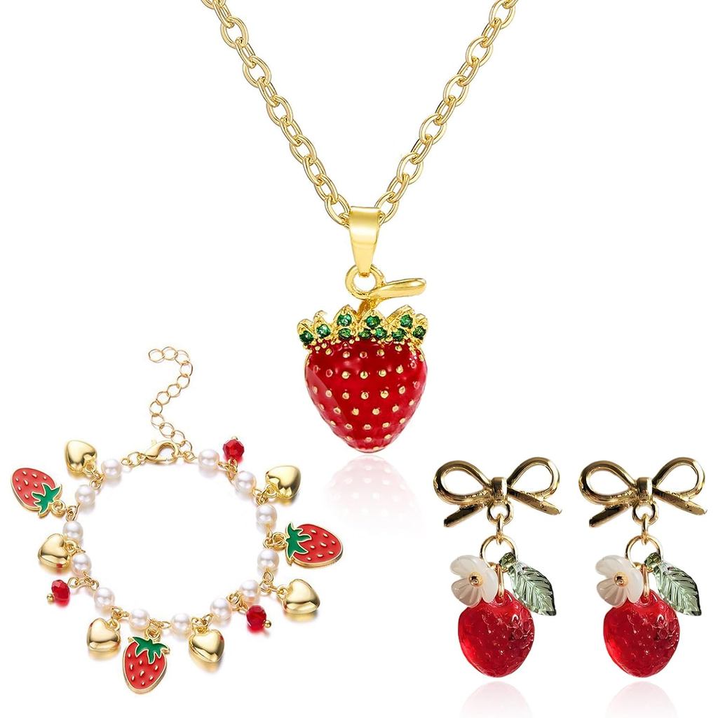 Roe Dolph สตรอเบอร์รี่ชุดเครื่องประดับทองเคลือบสีแดงสตรอเบอร์รี่สร้อยคอ Dangle ต่างหู Pearl Charm สร