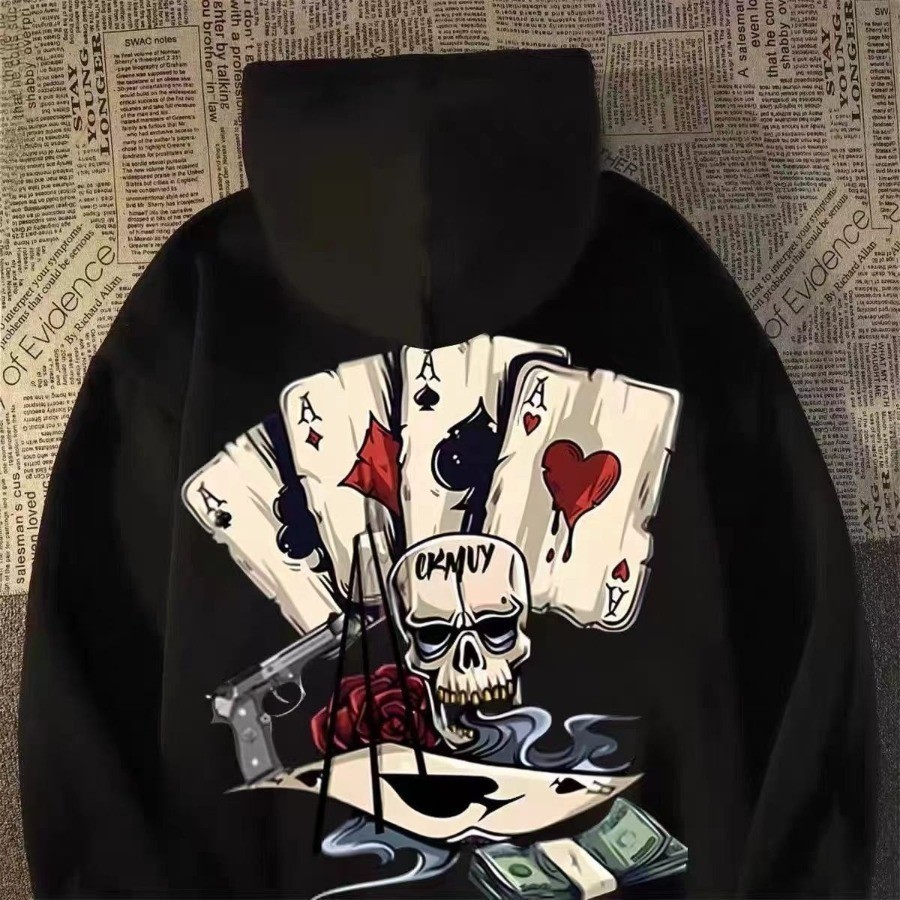【Hoodie】 Fashion Baju  M-8xl American Fashion Retro Poker พิมพ์แจ็คเก็ตผู้ชายแฟชั่น Street Hoodie ผู