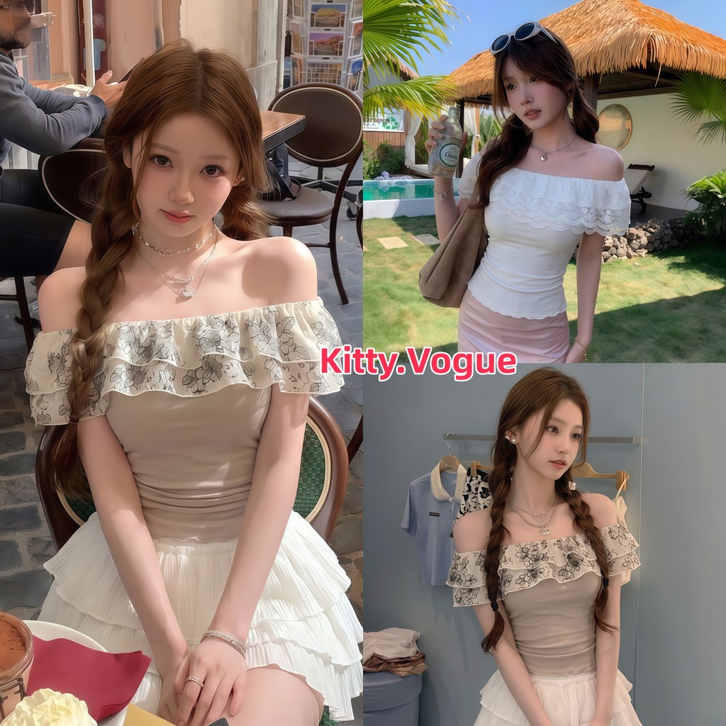 Kitty.Vogue เสื้อเปิดไหล่ผู้หญิง สไตล์ระบายลายดอกไม้ เข้ารูปรัดเอว มีหลายสีให้เลือก สไตล์หวานๆ 2328-0