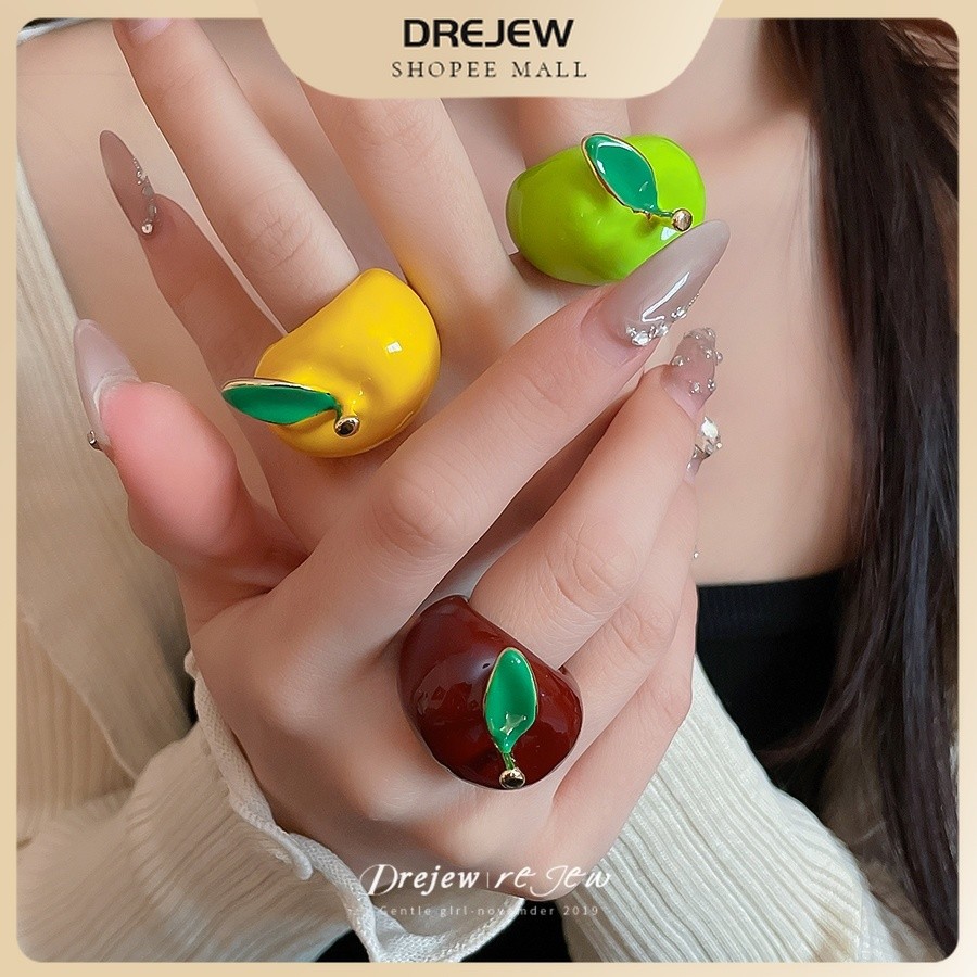Dreejew Delicate Fruit Enamel Open Ring Set Adjustable Band And Cute Leaf Detail Eye-cating for Everyday And Versatile Matching