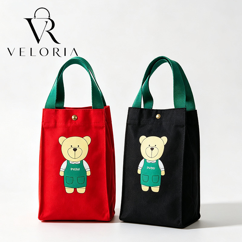 🐻 กระเป๋าใส่แก้วน้ำ กระเป๋าใส่แก้วน้ำลายหมีน้อย สไตล์ญี่ปุ่น ผ้าแคนวาสหนา มีซับใน พกพาสะดวก ใส่ขวดน้ำได้พอดี