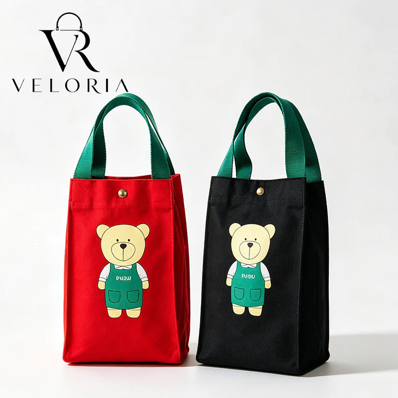 🐻 กระเป๋าใส่แก้วน้ำ กระเป๋าใส่แก้วน้ำลายหมีน้อย สไตล์ญี่ปุ่น ผ้าแคนวาสหนา มีซับใน พกพาสะดวก ใส่ขวดน้ำได้พอดี