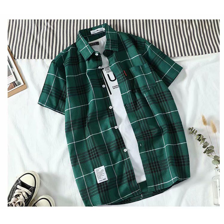 เสื้อเชิ้ตแขนสั้นโพลีเอสเตอร์ 100% ลายสก๊อต 4 สีให้เลือก M-3XL