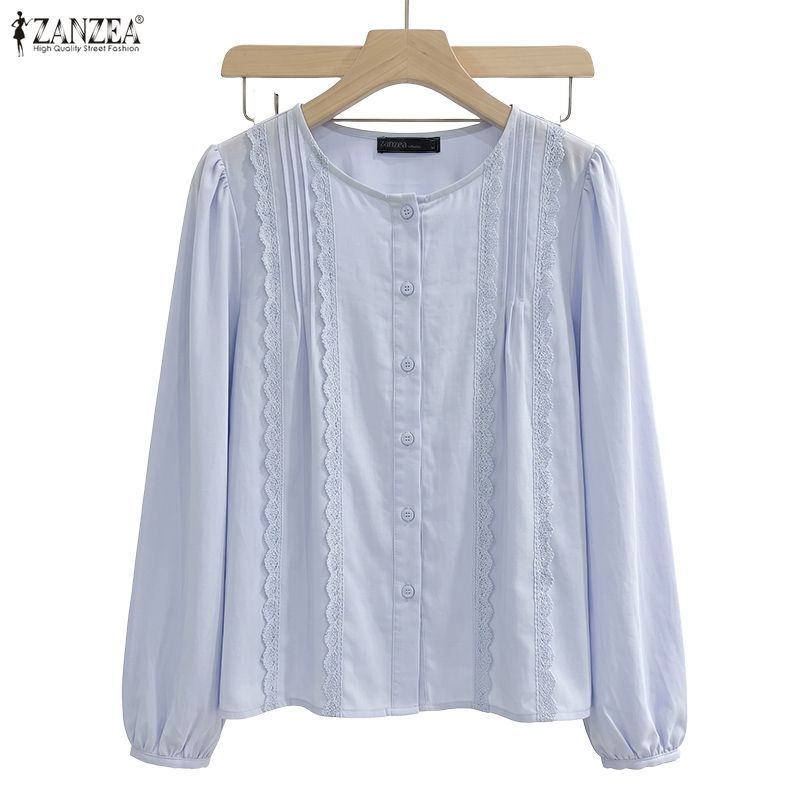 ZANZEA เสื้อลําลองแขนยาว O ผู้หญิงหลวมเกาหลี A-Line ลูกไม้ Splice — صورة 6