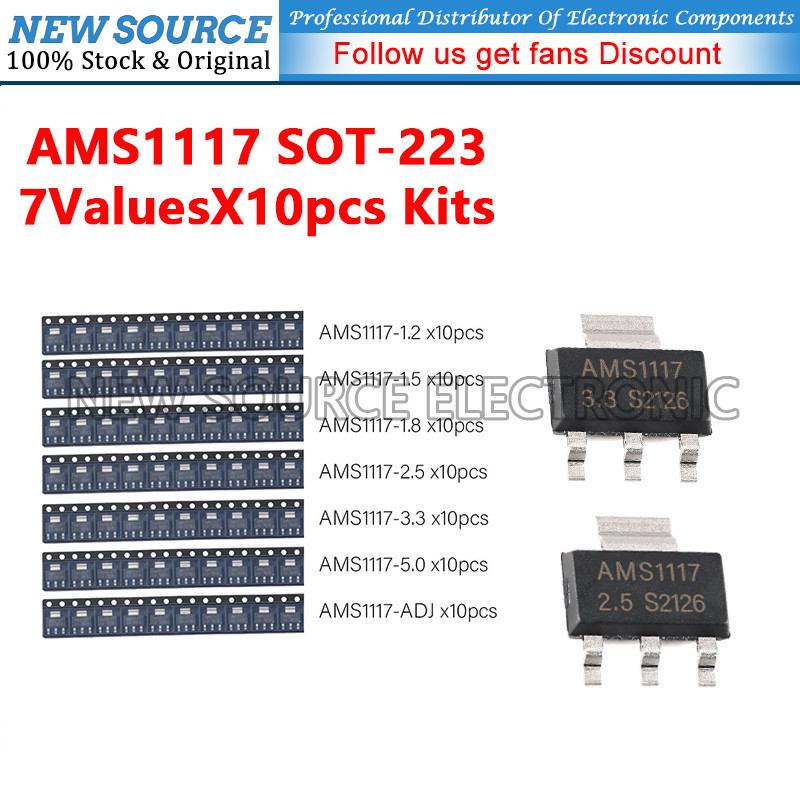 [70 ชิ้น] AMS1117 SOT-223 7ValuesX10pcs ชุด DIY AMS1117-1.2V AMS1117-1.8V AMS1117-2.5V AMS1117-2.5V 