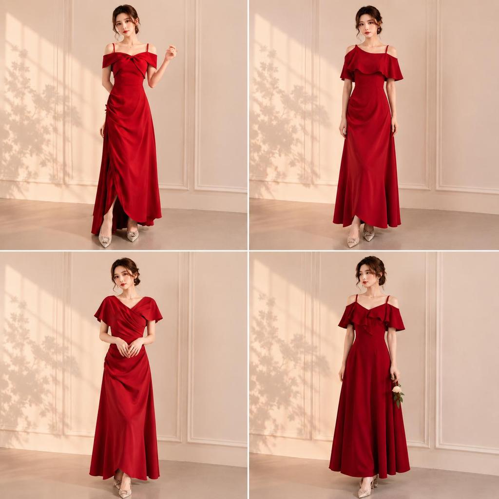 red เดรสยาวสีแดง ชุดเดรสออกงาน ชุดเพื่อนเจ้าสาว แฟชั่นใหม่ 2026 ชุดไปงานแต่งงาน สวยหรูดูแพง ใส่ได้ทุกวัน