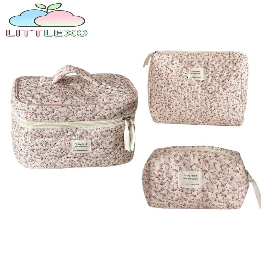 LITTLEX Aesthetic Cosmetic Organizer, Corduroy Large Capacity Floral Makeup Pouch, Sweet Zipper Toiletry Bag Cosmetics