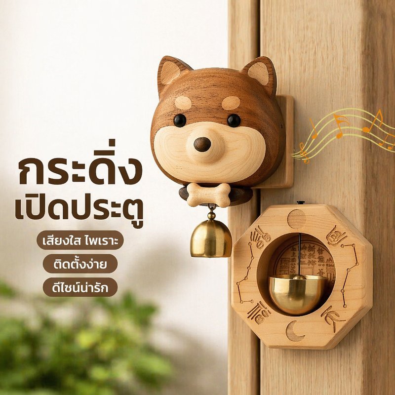 ระฆังแขวนประตูไม้ กระดิ่งลมแม่เหล็ก ตกแต่งบ้าน สไตล์ญี่ปุ่น ลายชิบะอินุ ชินชิล่า
