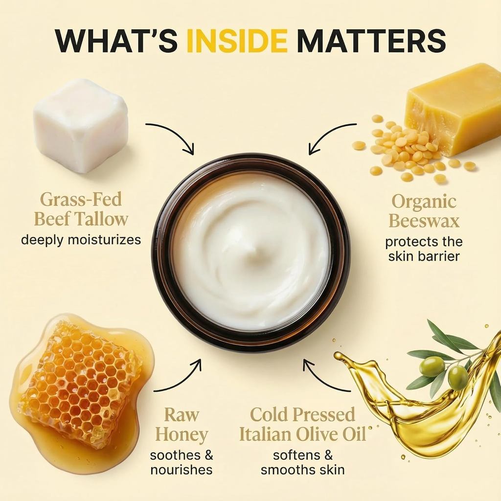 Tallow Honey Balm for Skin & Face, Grass-Fed Vintage Tallow Moisturizer Cream with O Oil, Deep Nouri