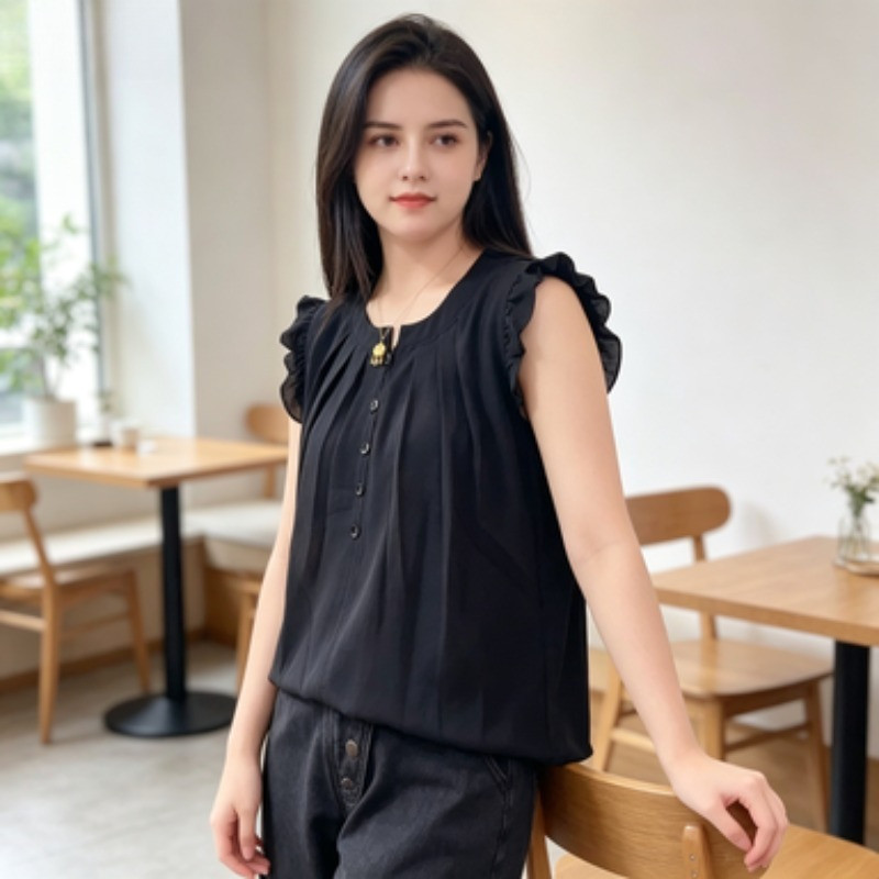 เสื้อแขนกุดลูกไม้สีทึบใหม่ของผู้หญิงเสื้อตัวในเข้ารูปอเนกประสงค์คอกลมเรียบง่าย