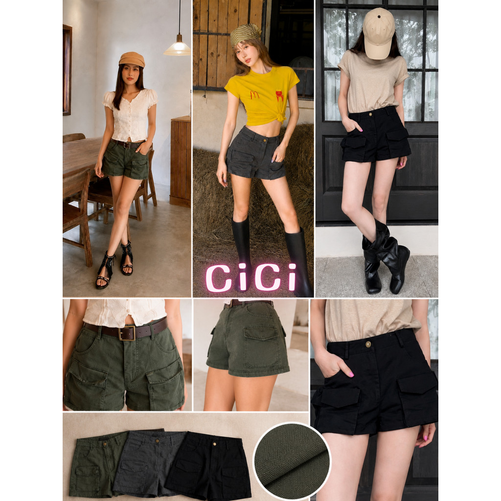ส่งทันที Cici(NO. 753) กางเกงขาสั้นดีเทลกระเป๋าด้านหน้าสามารถใช้งานได้จริง สไตล์สาวเท่ห์