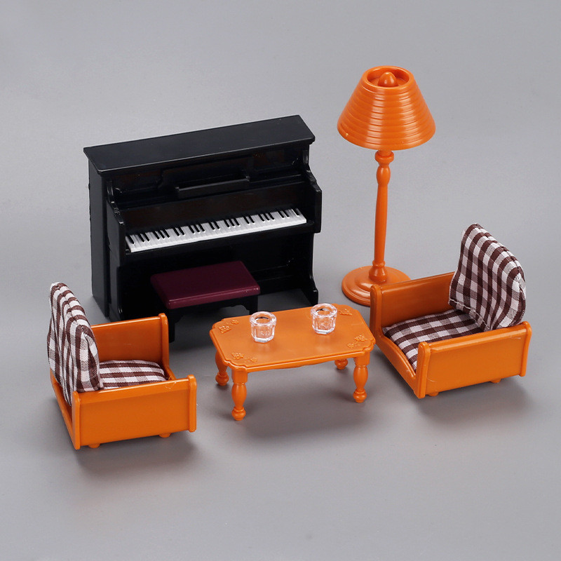 1:12 Family Deluxe Dollhouse Bedroom Set  Mini Table, เก้าอี้, โคมไฟตั้งพื้น, Piano & Couch Dollhous