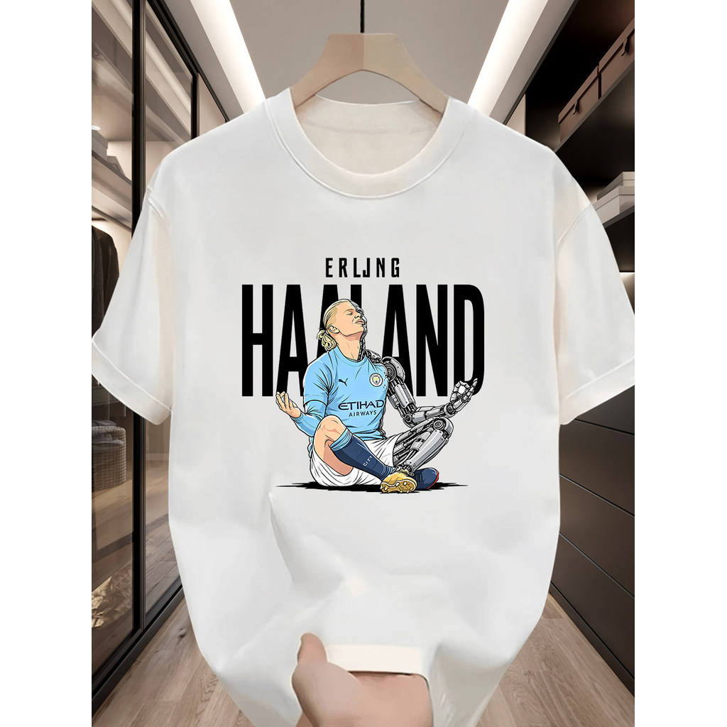 Harland star Haaland Haaland star World Cup พิมพ์เสื้อยืดแขนสั้นผู้ชายผ้าฝ้ายแท้หลวมด้านบนอินเทรนด์ 