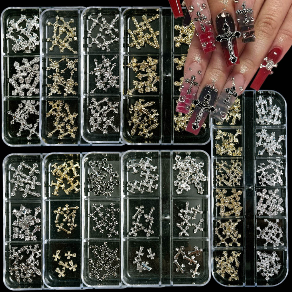 Namphong 12 กริด Rhinestone Cross Nail Charms Kit, Vintage โลหะข้ามออกแบบตกแต่งเล็บสําหรับ Dark Punk เล็บ