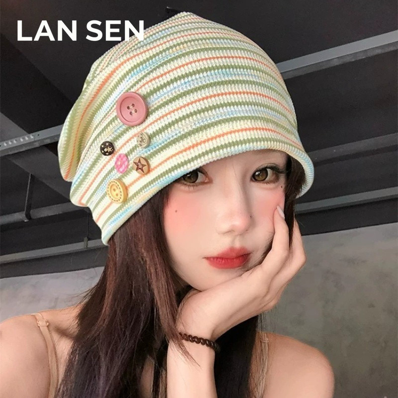 LANSEN ปุ่มสีสันสดใสลายแสดงใบหน้าหมวกกองเล็กผู้หญิงฤดูใบไม้ผลิฤดูร้อนบางสไตล์ Breathable เกาหลีหวาน All-Match หมวกหมวกเย็น