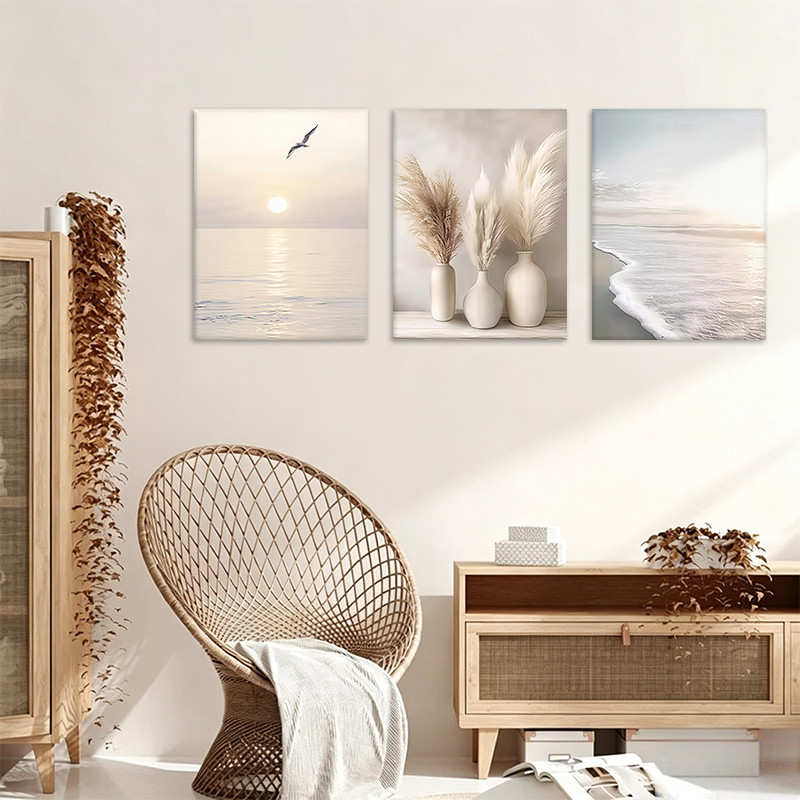 ผ้าใบกรอบ Sunset Seaside Reed Wall Art Neutral Coastal พิมพ์ห้องนั่งเล่นตกแต่งบ้าน