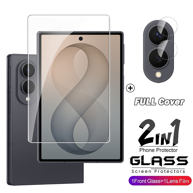 2in1 สําหรับลายนิ้วมือปลดล็อคกระจกนิรภัยสําหรับ Samsung Galaxy Z พับ 8 Ultra Fold8 Fold7 7 6 5G 3D Protector เต็มหน้าจอฝาครอบหน้าจอ HD เลนส์ป้องกันฟิล์ม
