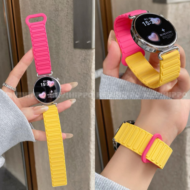 สายแม่เหล็กบล็อกสีเหมาะสําหรับ Huawei GT641mm/46mm, สายซิลิโคนบล็อกสีเหลืองสีพีโอนีเหมาะสําหรับ Huawei Watch 5 GT5GT4GT2GT3proGT3proGT6pro Runner