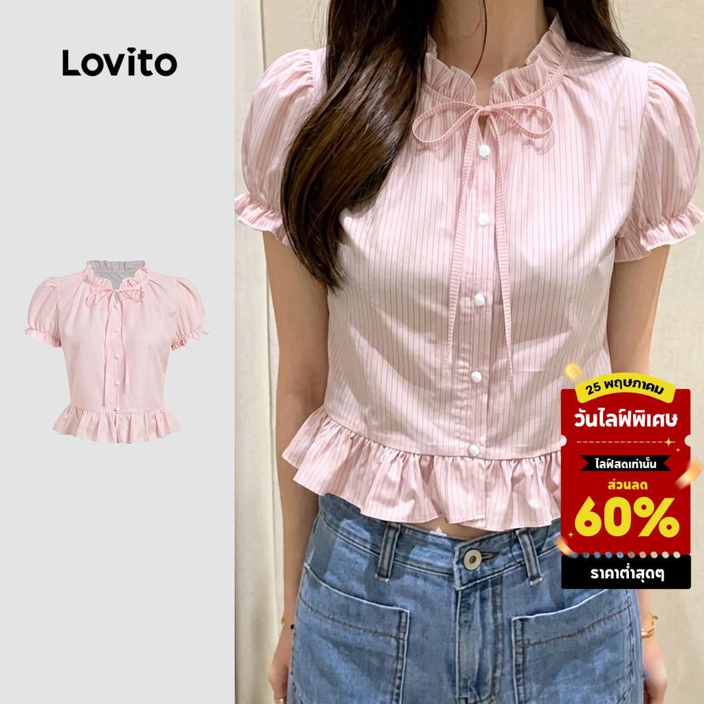 (New Arrival) Lovito เสื้อเบลาส์ผู้หญิงทรงหลวม ชายระบายลายผักกาดหอม สีชมพูอ่อน สําหรับฤดูใบไม้ผลิและฤดูร้อน เกาหลี อินเทรนด์ L197AD024
