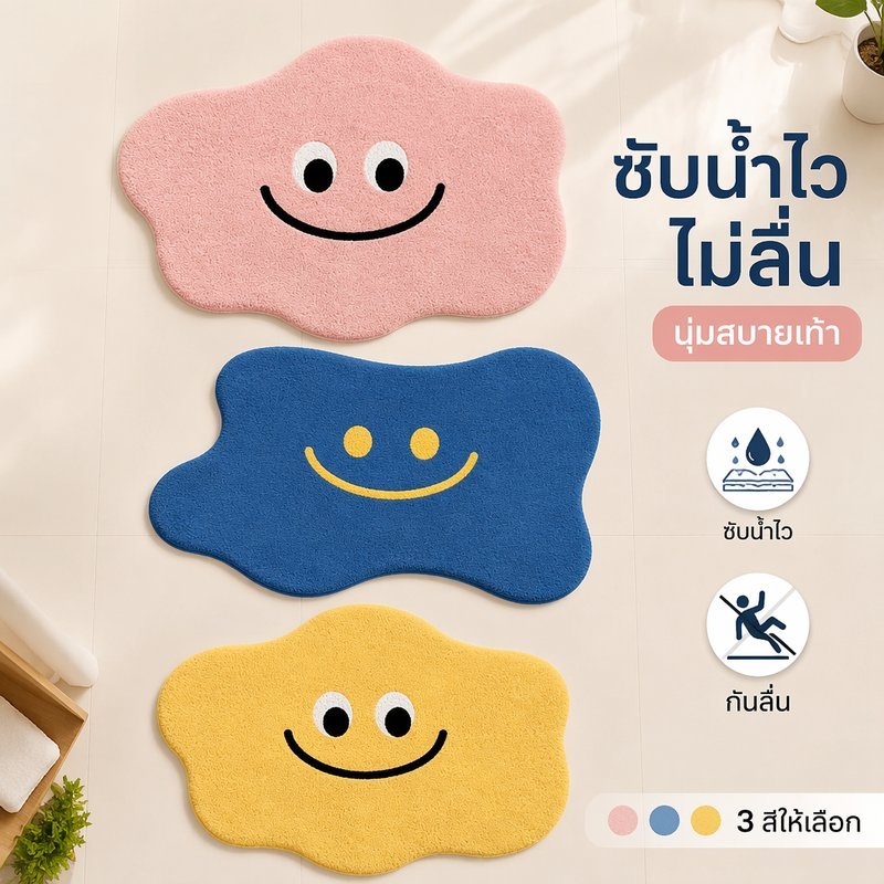 พรมกันลื่น รูปดาวไม่สมมาตร ผ้าขนแกะเทียม หนานุ่ม ฐานจุดกันลื่น ดูดซับน้ำ พรมห้องนอน ห้องเด็ก